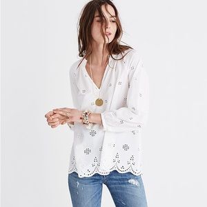 Madewell White Eyelet Button Cuff 3/4 Sleeve Peasant Top S